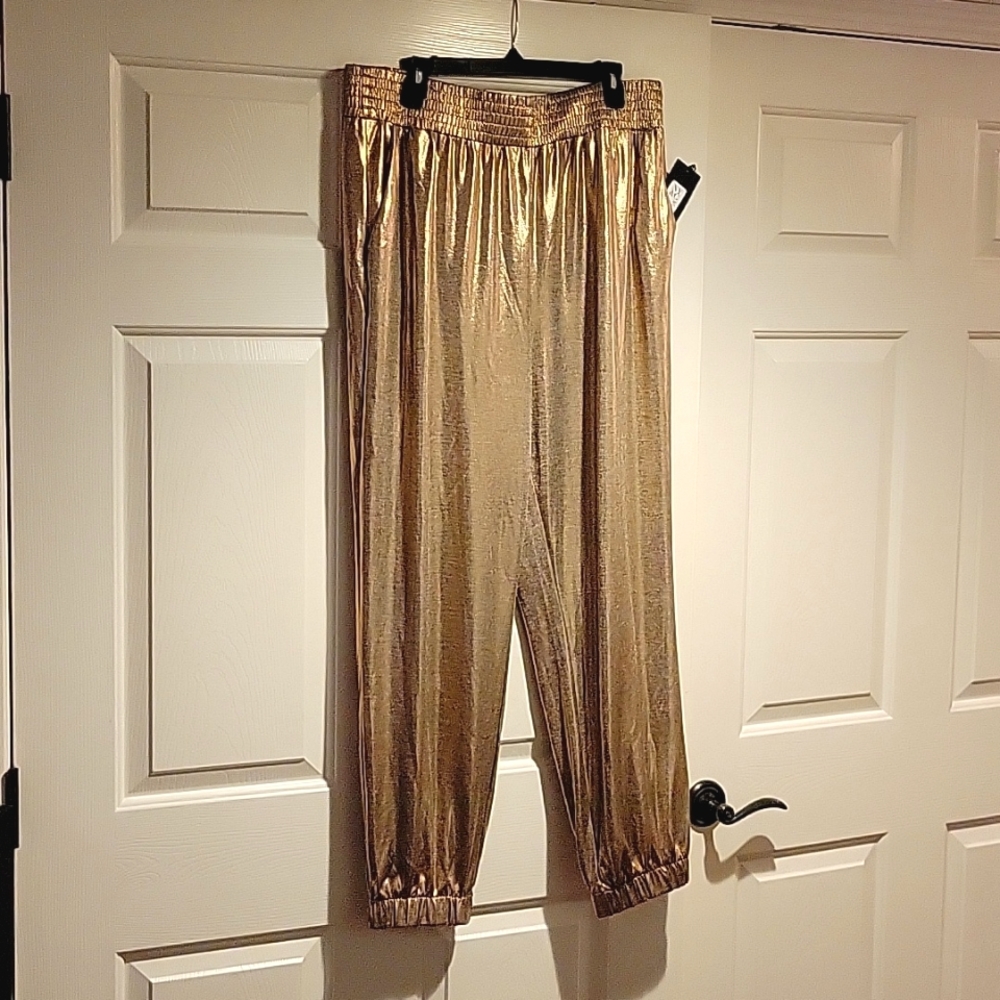 NWT NYC Gabrielle Union Metallic Gold Joggers